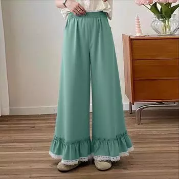 ZANZEA Women Casual Elastic Waist Loose Lace Splice Pants S светло-синий