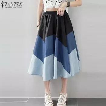 ZANZEA Women Casual Elastic Waist Loose Patchwork A-Line Skirts S чёрный