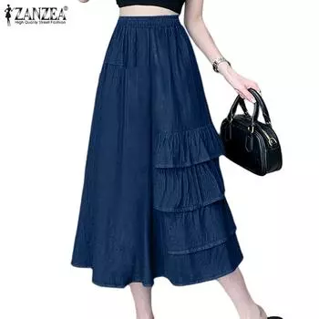 ZANZEA Женские повседневные юбки с эластичной талией, свободные оборки, пэчворк, длинные юбки XL чёрный