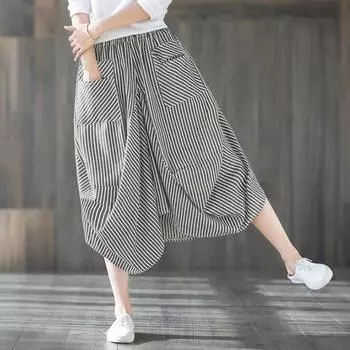 ZANZEA Women Casual Elastic Waist Loose Stripe Print Capri Pants S