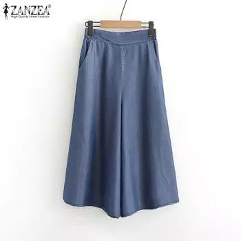 ZANZEA Женские повседневные свободные летние укороченные брюки с эластичной резинкой на талии S светло-синий