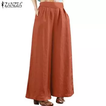 ZANZEA Women Casual Elastic Waist Loose Summer Wide Leg Pants
