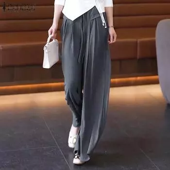 Женские повседневные брюки ZANZEA с эластичным поясом и широкими штанинами, однотонные, с карманами S хаки