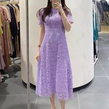 ZANZEA Women Casual Elegant Lace Embroidery Patchwork Short Sleeve Long Dress S фиолетовый