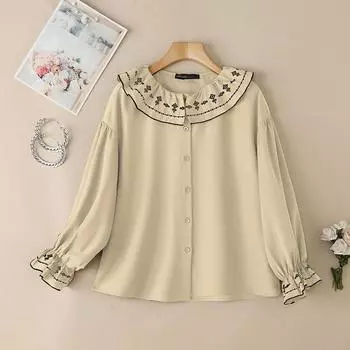 ZANZEA Women Casual Embroidery Doll Collar Loose Long Sleeve Blouse