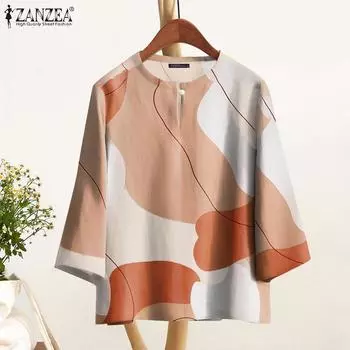ZANZEA Женская повседневная блузка свободного кроя с геометрическим принтом и рукавом 3/4 S оранжевый