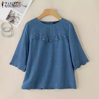 ZANZEA Women Casual Half Sleeve Loose Lace Crochet Patchwork Blouse S фиолетовый