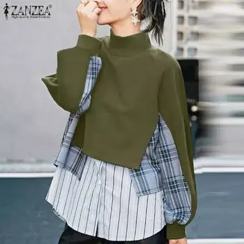 ZANZEA Women Casual High Neck Long Sleeve Patchwork Sweatshirts M темно-синий