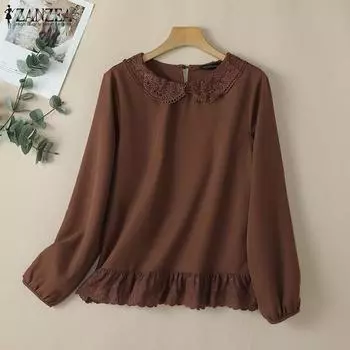ZANZEA Women Casual Lace Crochet Splice Doll Collar Long Sleeve Blouse S белый