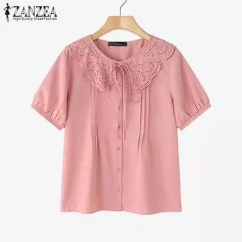 ZANZEA Women Casual Lace Crochet Splice Doll Collar Summer Short Sleeve Blouse S белый