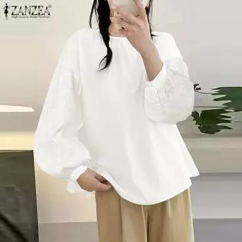 ZANZEA Women Casual Lace Crochet Splice Long Sleeve Cover Up Blouse S белый