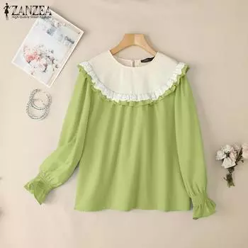 ZANZEA Women Casual Lace Patchwork Round Neck Long Sleeve Loose Blouse S синий