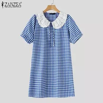 ZANZEA Women Casual Lace Splice Collar Plaid Print Short Sleeve Dress