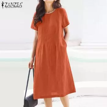 ZANZEA Women Casual Lace Splice O-neck Summer Short Sleeve Dress