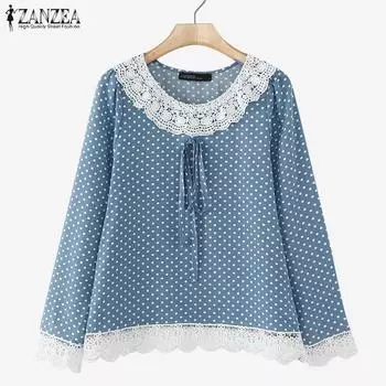 ZANZEA Women Casual Lace Splice Round Neck Long Sleeve Polka Dot Blouse S зелёный