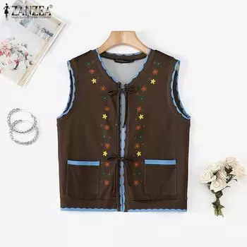 ZANZEA Women Casual Lace Up Summer Sleeveless Cardigan Tank Tops S коричневый