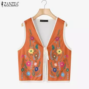 ZANZEA Women Casual Lace Up V-Neck Sleeveless Floral Print Cardigan Vest S хаки