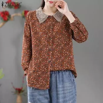 ZANZEA Женские повседневные рубашки с лацканами и рукавом 3/4 с кружевным цветочным принтом S фиолетовый