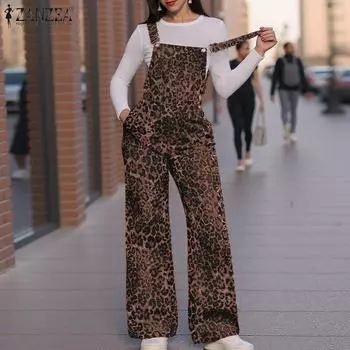 ZANZEA Women Casual Leopard Print Loose Sleeveless Straps Overalls Jumpsuits S коричневый