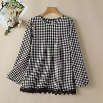 ZANZEA Women Casual Long Sleeve Lace Splice Grid Printed Blouse S темно-синий