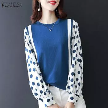 ZANZEA Women Casual Long Sleeve Loose Polka Dot Blouse S чёрный