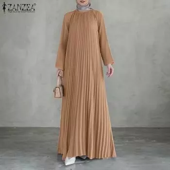ZANZEA Women Casual Long Sleeve Pleated Long Dress Crew Neck S чёрный