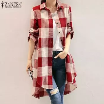 ZANZEA Женская повседневная длинная блузка с отложным воротником и длинным рукавом в клетку S чёрный