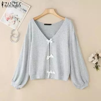 ZANZEA Women Casual Loose Long Sleeve V-Neck Blouse S синий