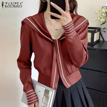 ZANZEA Women Casual Navy Collar Loose Long Sleeve Blouse S чёрный