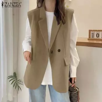 ZANZEA Women Casual Notched Lapel Loose Sleeve Cardigan Vest S темно-синий