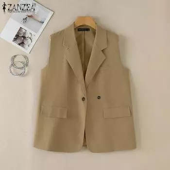 ZANZEA Women Casual Notched Lapel Sleeveless Cardigan Vest S синий