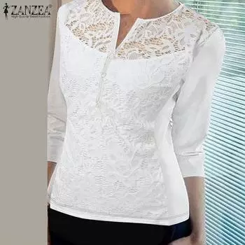 ZANZEA Women Casual O-neck 3/4 Sleeve Summer Lace Blouse S чёрный