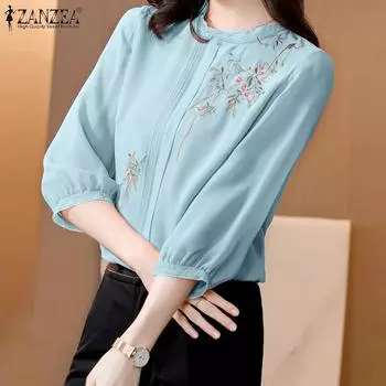 ZANZEA Женская повседневная блузка с круглым вырезом и рукавом 3/5 с вышивкой S зелёный