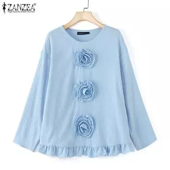 ZANZEA Женская повседневная блузка с круглым вырезом и длинными рукавами с 3D-цветами S синий