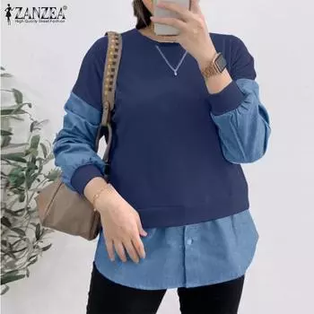 ZANZEA Women Casual O-neck Fake Two Piece Splice Long Sleeve Blouses