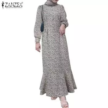 ZANZEA Женское повседневное платье с круглым вырезом и цветочным принтом, рукав девять четвертей, свободное длинное платье S чёрный