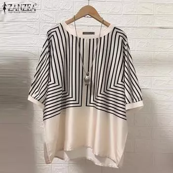 ZANZEA Женская повседневная блузка с круглым вырезом и коротким рукавом в полоску S бежевый