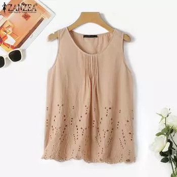 ZANZEA Women Casual O-neck Lace Crochet Summer Sleeveless Tank Tops