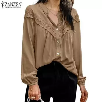 ZANZEA Women Casual O-neck Long Sleeve Lace Patchwork Blouse