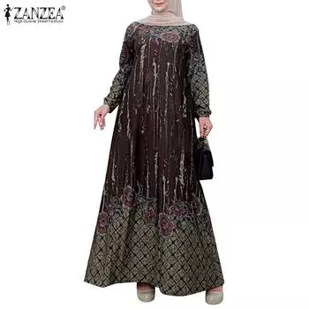 ZANZEA Women Casual O-neck Long Sleeve Loose Retro Print Dress