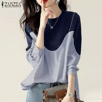 ZANZEA Женская повседневная блузка с круглым вырезом и длинным рукавом в полоску в стиле пэчворк M темно-синий
