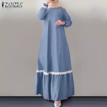 ZANZEA Women Casual O-neck Long Sleeve Loose Splice Long Dress