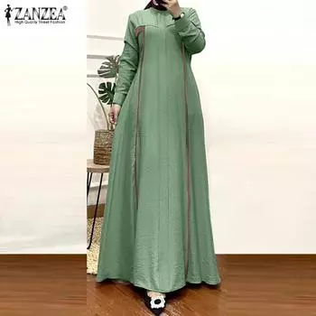 ZANZEA Women Casual O-neck Long Sleeve Loose Patchwork Dress