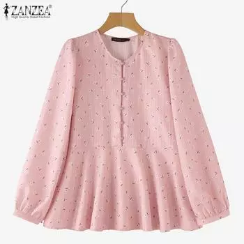 ZANZEA Женская повседневная блузка свободного кроя с длинным рукавом и круглым вырезом L синий