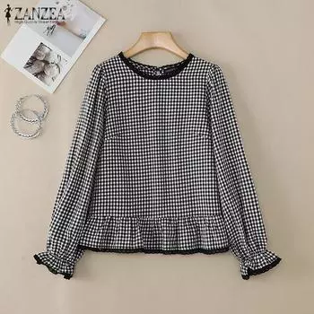 ZANZEA Women Casual O-neck Long Sleeve Loose Plaid Blouse S чёрный