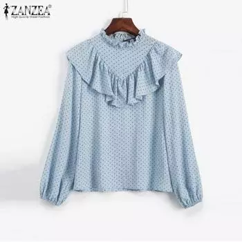 ZANZEA Women Casual O-neck Long Sleeve Loose Polka Dot Blouse S синий