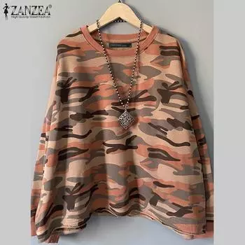 ZANZEA Женский повседневный свитер с круглым вырезом и длинным рукавом с камуфляжным принтом S зелёный