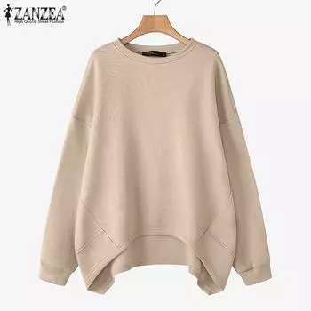 ZANZEA Женские повседневные толстовки с круглым вырезом и длинным рукавом с асимметричным подолом S чёрный