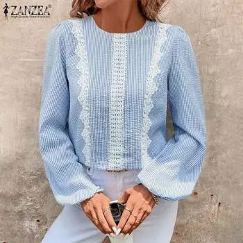 ZANZEA Women Casual O-neck Long Sleeve Lace Splice Stripe Blouse S синий