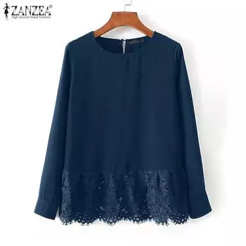 ZANZEA Women Casual O-neck Long Sleeve Lace Splice Blouse S фиолетовый